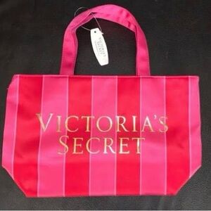 Victoria's Secret Pink and Red Tote Bag with Bold Stripes